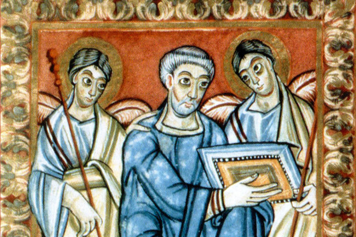 Poussay Evangelistar, Ms. Lat. 10514, Paris, Bibl. Nat., fol. 3v Stifterbild